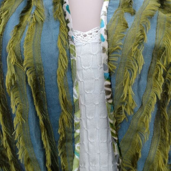 EUC VINTAGE ZONDA NELLIS Blue/Gray Satin with Olive Green Shag & Velvet Trim M - Picture 7 of 11